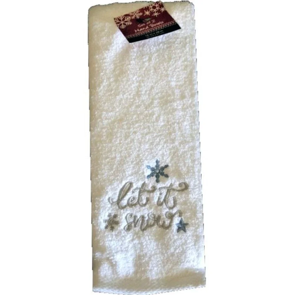 Christmas Hand Towels Set of 2 Snowflake Embroidered Cotton Let It Snow 16x26